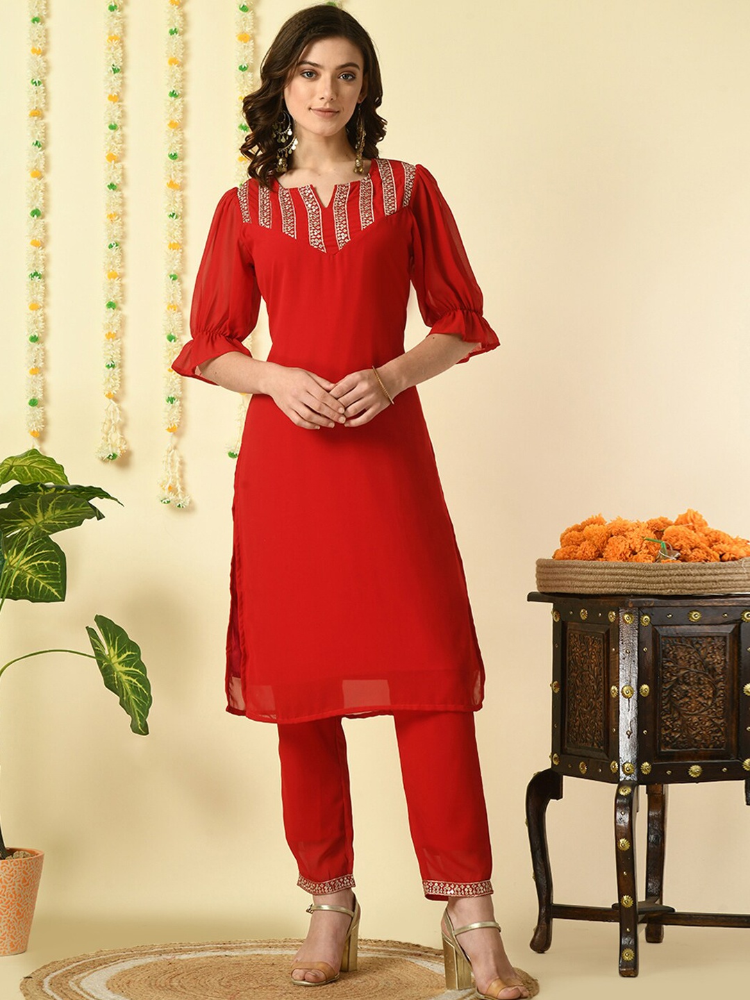 KALINI Ethnic Motifs Yoke Design Puffed Sleeves Thread Work Georgette Kurta with Trousers, Red