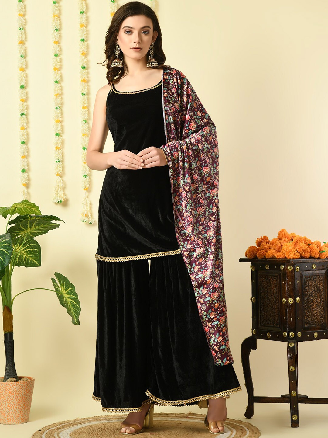 

KALINI Shoulder Straps Velvet Straight Kurta & Sharara With Dupatta, Black