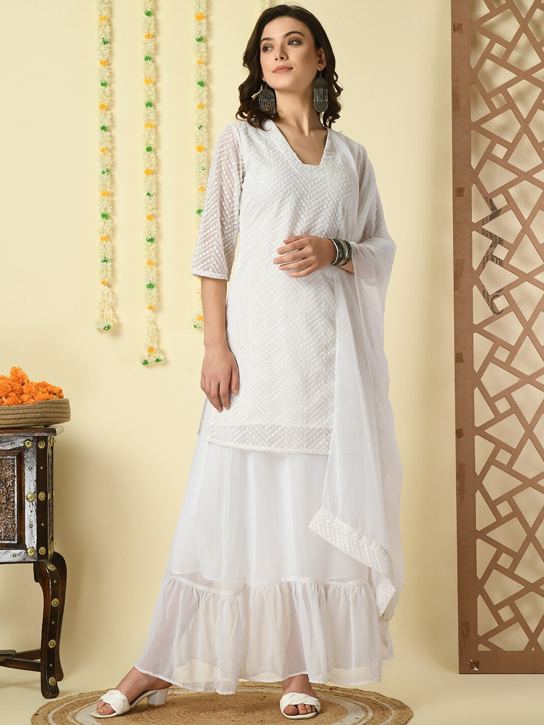 

KALINI Chevron Embroidered Square Neck Kurti with Skirt & Dupatta, White