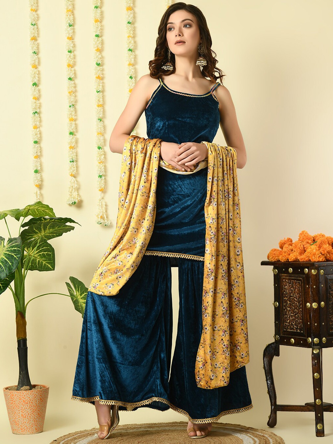 

KALINI Sleeveless Velvet Kurti with Sharara & Dupatta, Teal