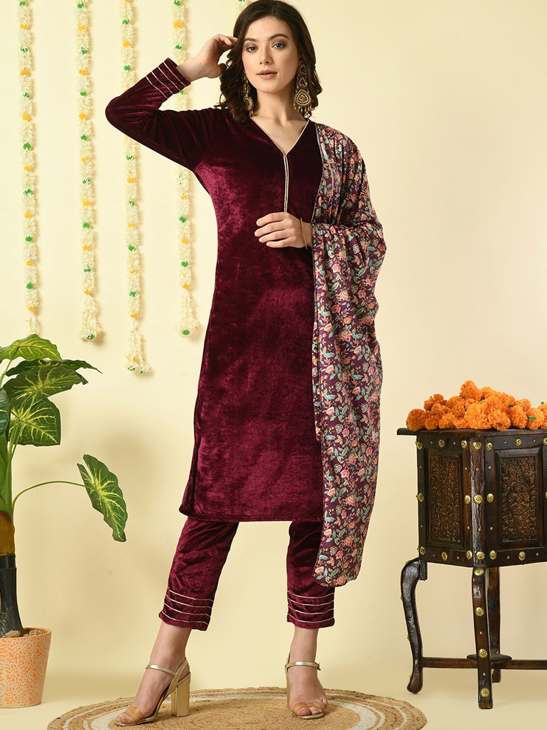 

KALINI V-Neck Velvet Kurta with Trousers & Dupatta, Magenta
