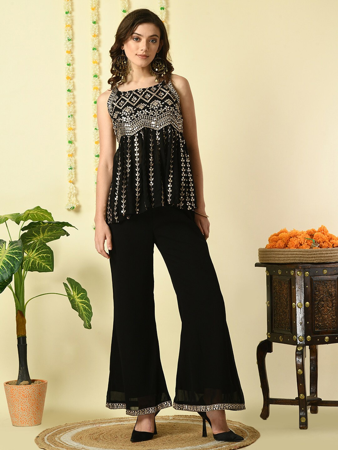 

KALINI Ethni Motifs Embroidered Thread Work A-Line Kurti with Palazzos, Black