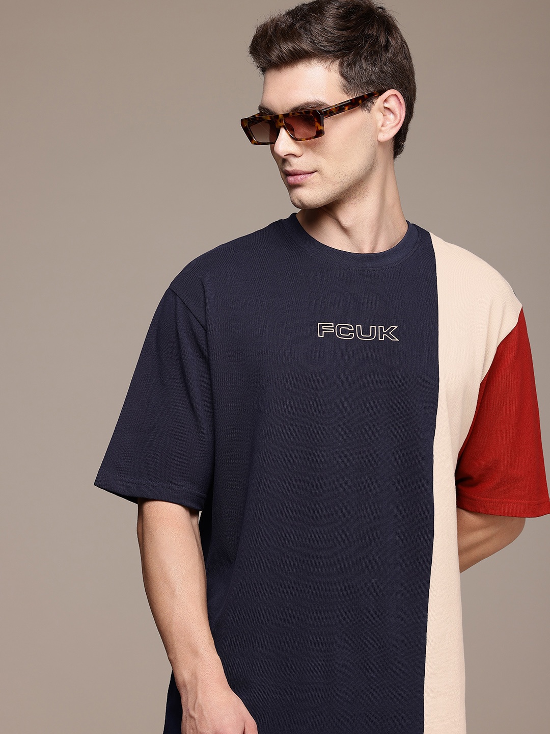 

FCUK Pure Cotton Colourblocked Drop-Shoulder Sleeves Casual Oversized T-shirt, Blue