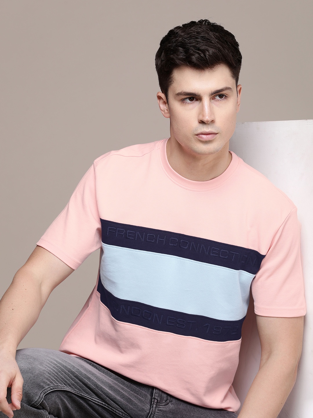 

French Connection Pure Cotton Colourblocked Casual T-shirt, Peach