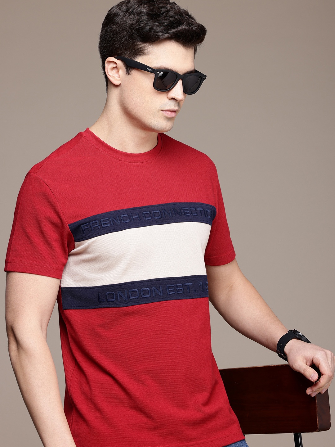 

French Connection Colourblocked Pure Cotton T-shirt, Red