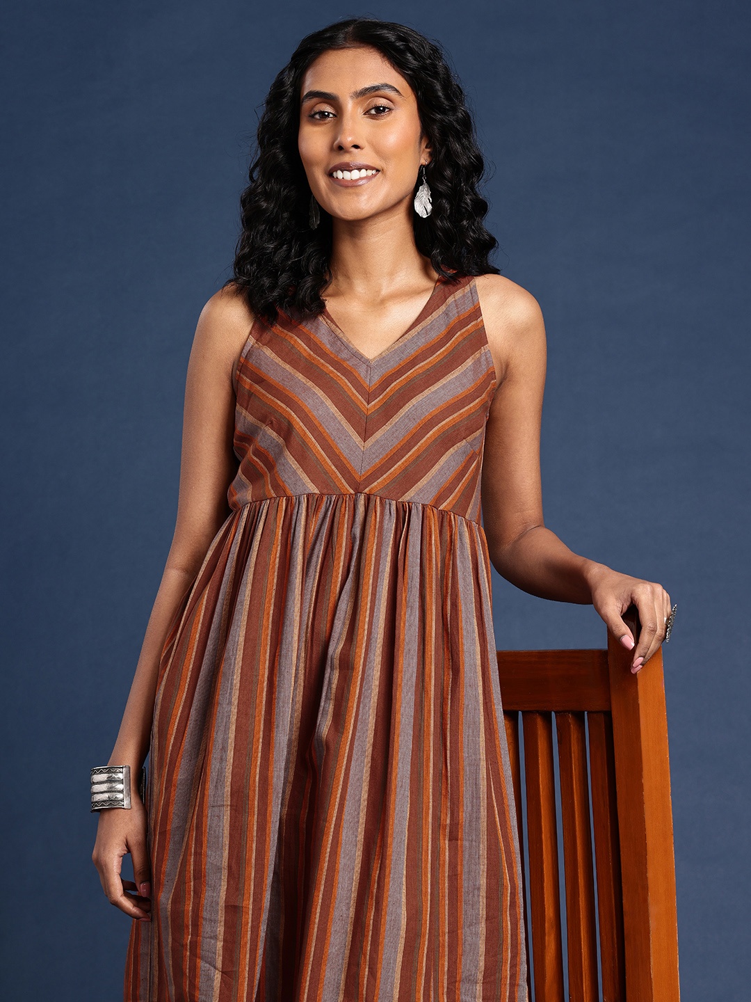 

Taavi Nagari Weaves Pure Cotton Striped A-Line Ethnic Dress, Brown
