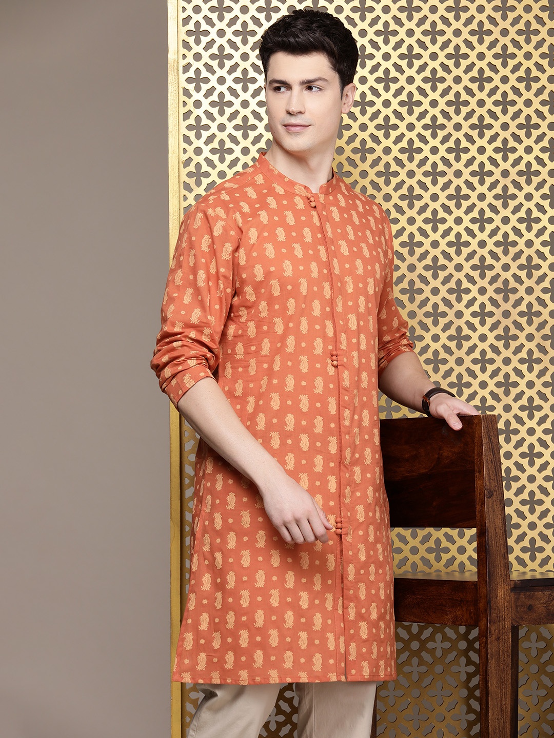 

House of Pataudi Ethnic Motifs Printed Pure Cotton Rozana Kurta, Rust