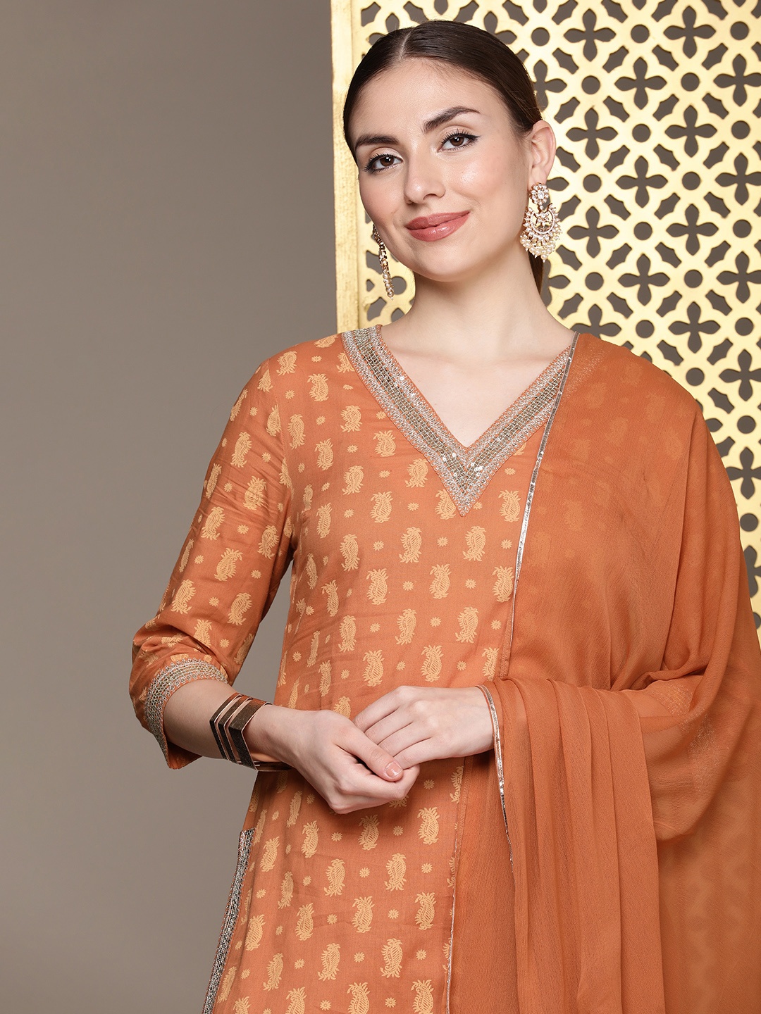 

House of Pataudi Jashn Ethnic Motifs Printed Pure Cotton Kurta with Patiala & Dupatta, Rust