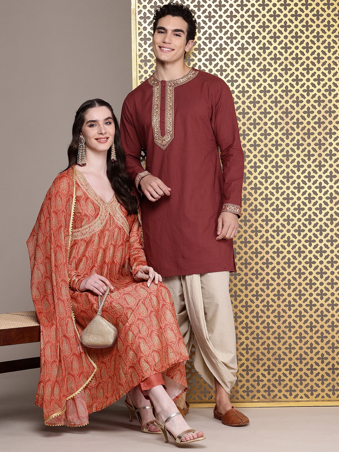 

House of Pataudi Women Paisley Printed Regular Jashn Kurta With Trousers & Dupatta, Rust