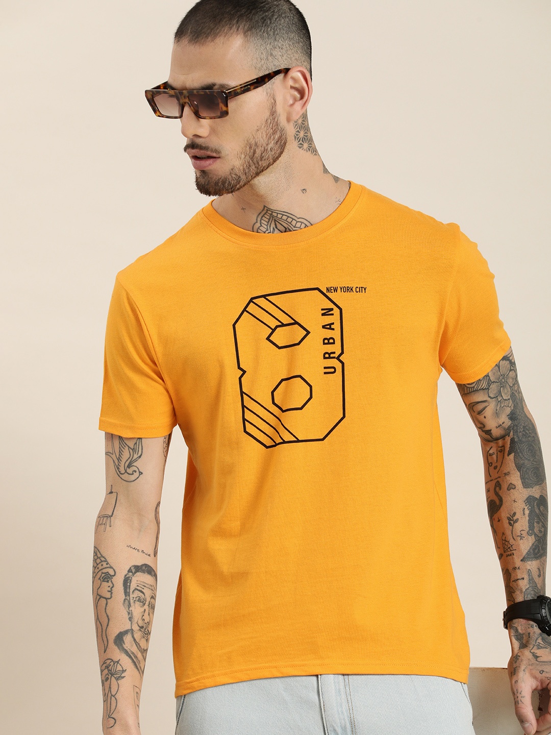 

HERE&NOW Printed Pure Cotton T-shirt, Yellow