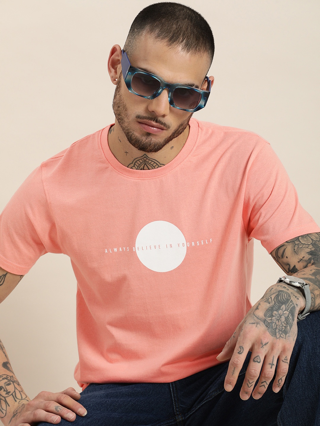 

HERE&NOW Round Neck Typography Printed T-shirt, Peach