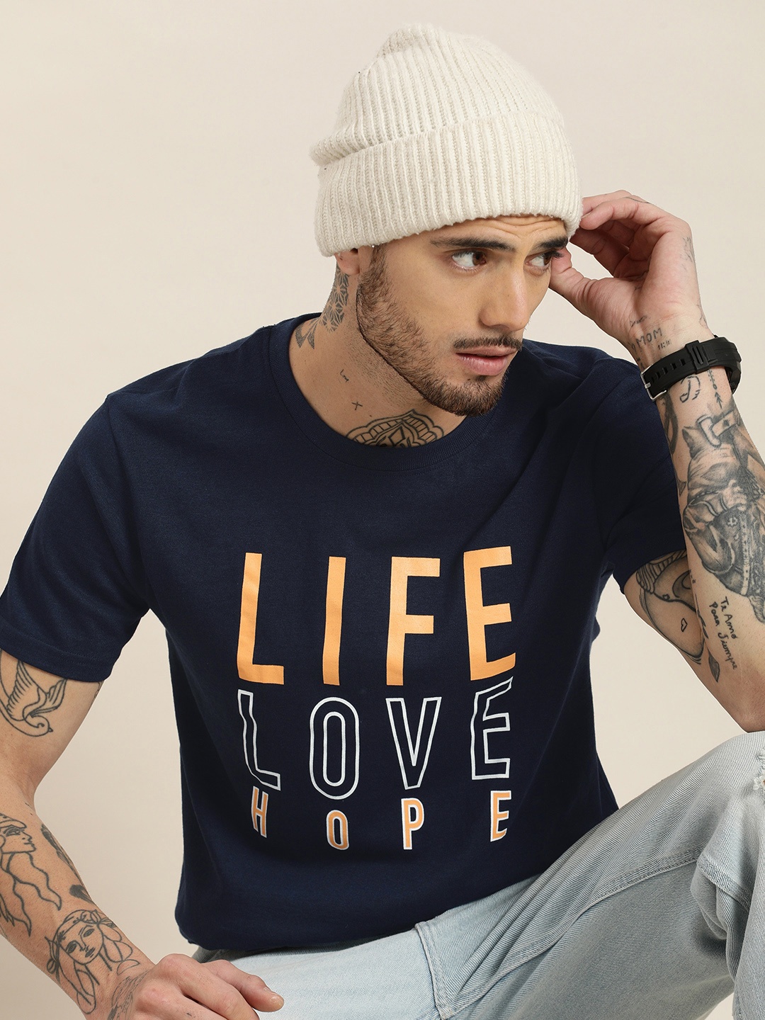 

HERE&NOW Round Neck Typography Printed T-shirt, Navy blue
