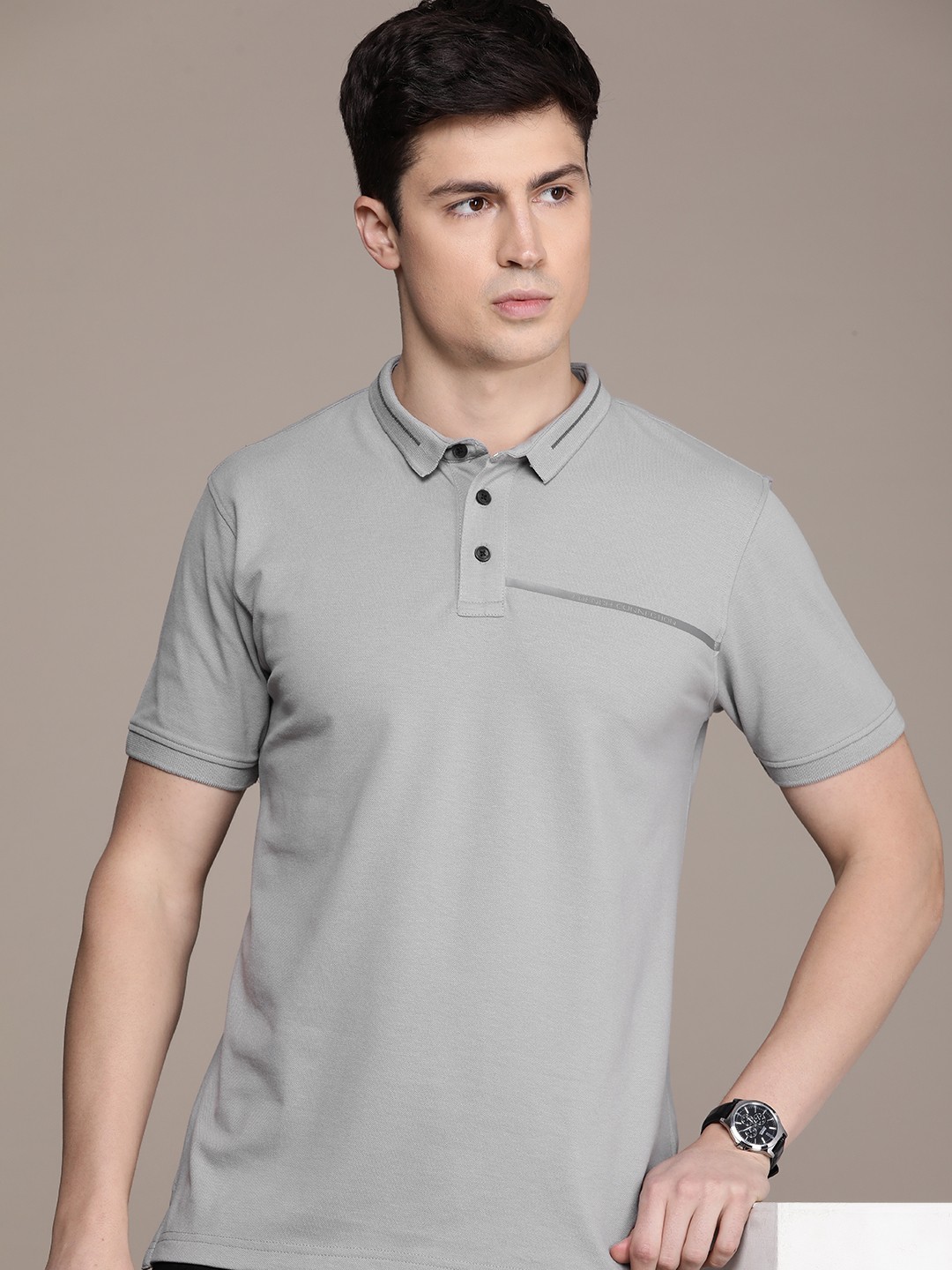 

French Connection Men Polo Collar Knitted T-shirt With Minimal Brand Logo Print Detail, Grey