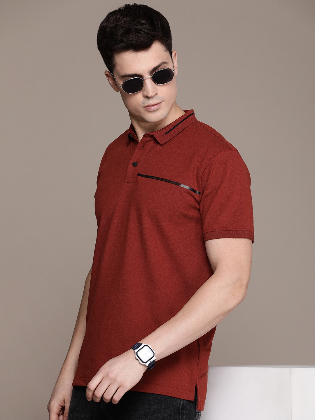 

French Connection Solid Polo Collar Casual T-shirt, Rust