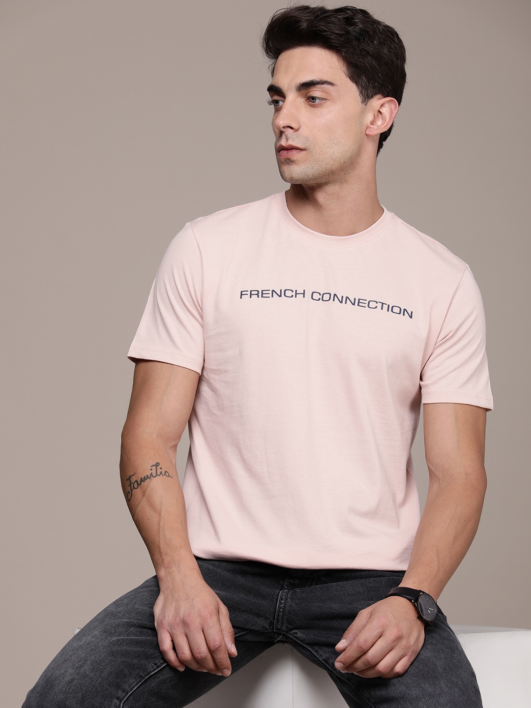 

French Connection Typography Printed Pure Cotton T-shirt, Pink