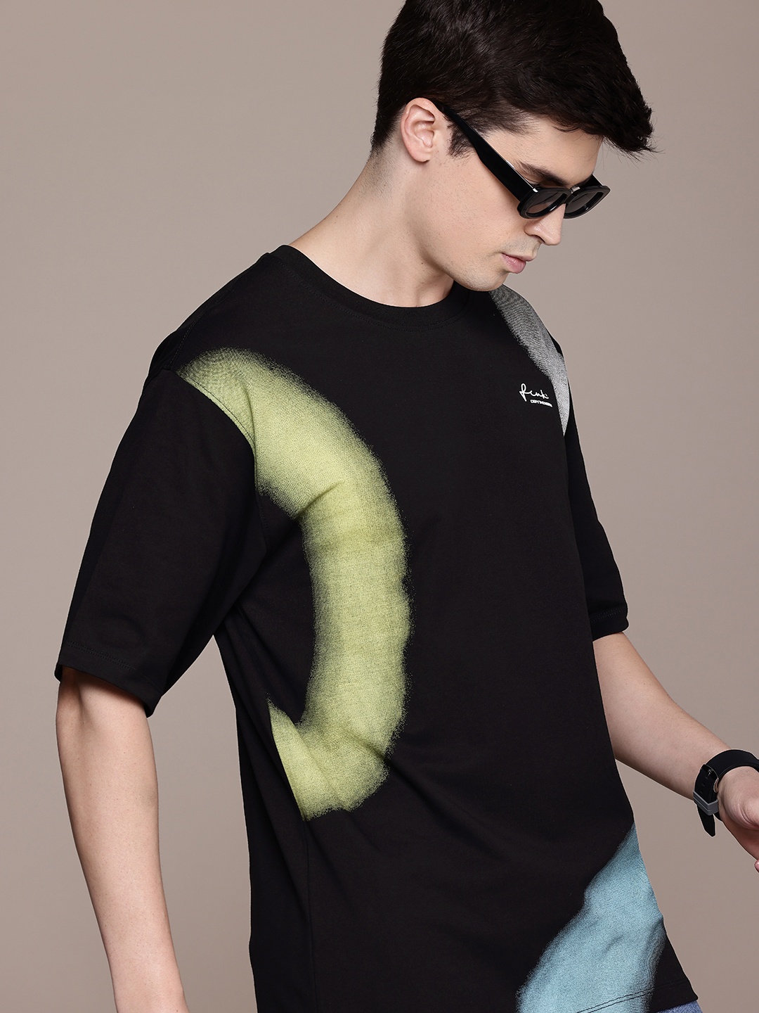 

FCUK Printed Drop-Shoulder Sleeves Pure Cotton T-shirt, Black