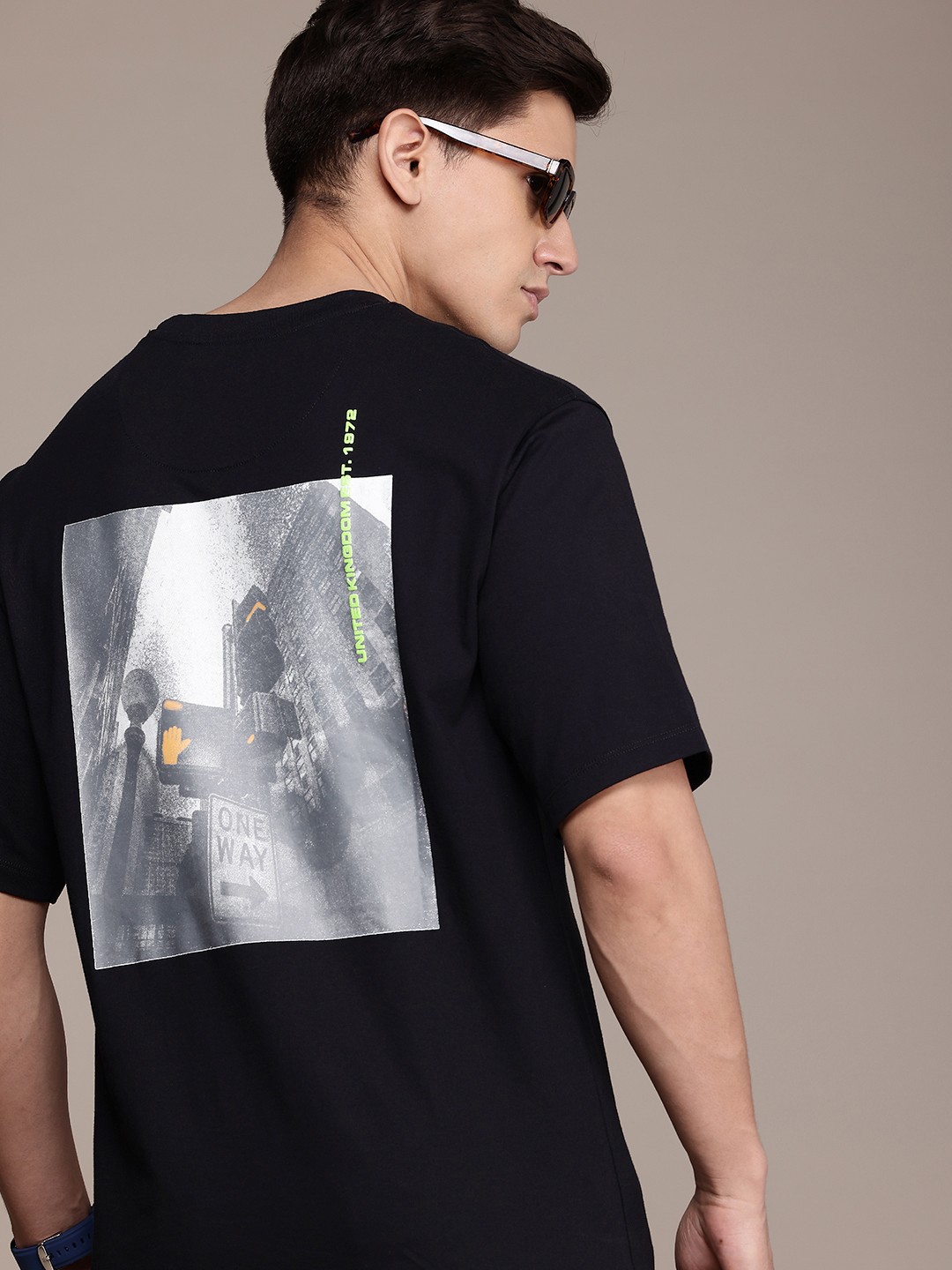 

FCUK Printed Drop-Shoulder Sleeves Relaxed Fit Pure Cotton T-shirt, Black
