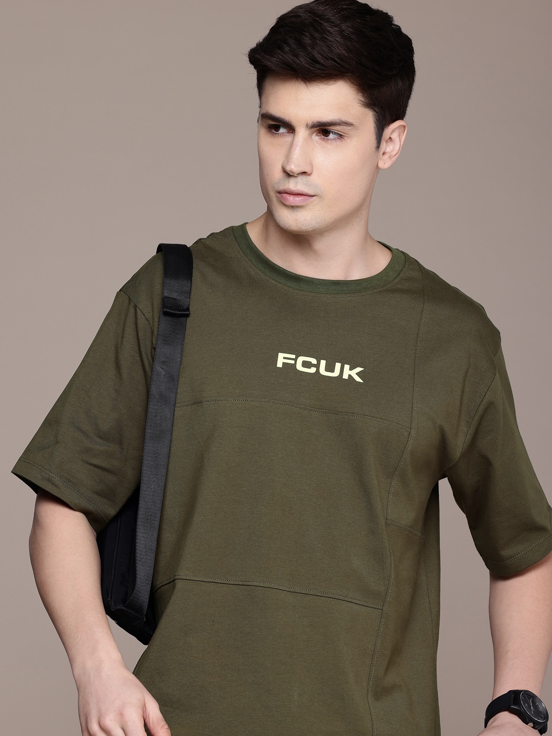 

FCUK Solid Oversized Drop-Shoulder Sleeves Pure Cotton T-shirt, Olive