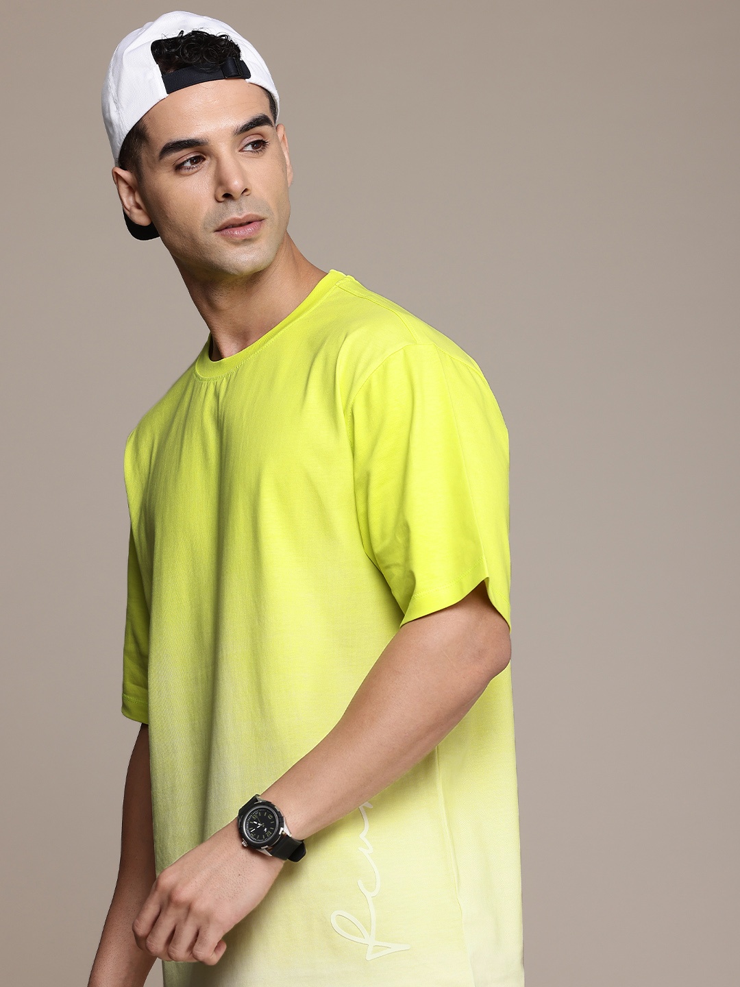

FCUK Men Brand Logo Printed Ombre Pure Cotton T-shirt, Fluorescent green