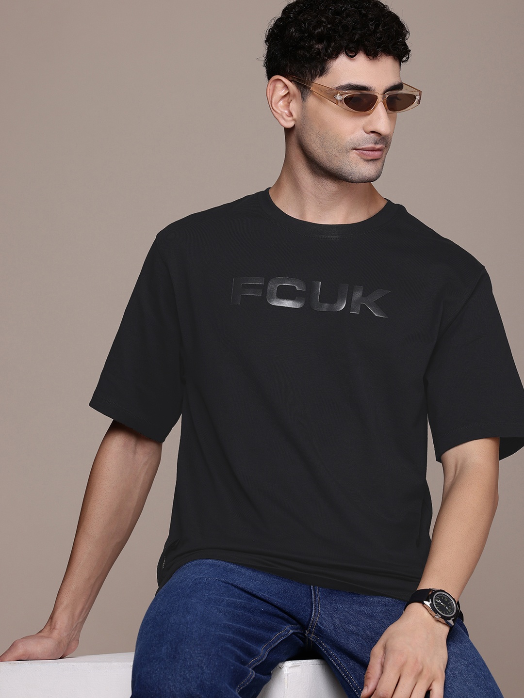 

FCUK Brand Logo Printed Drop-Shoulder Sleeves Pure Cotton Oversized T-shirt, Black