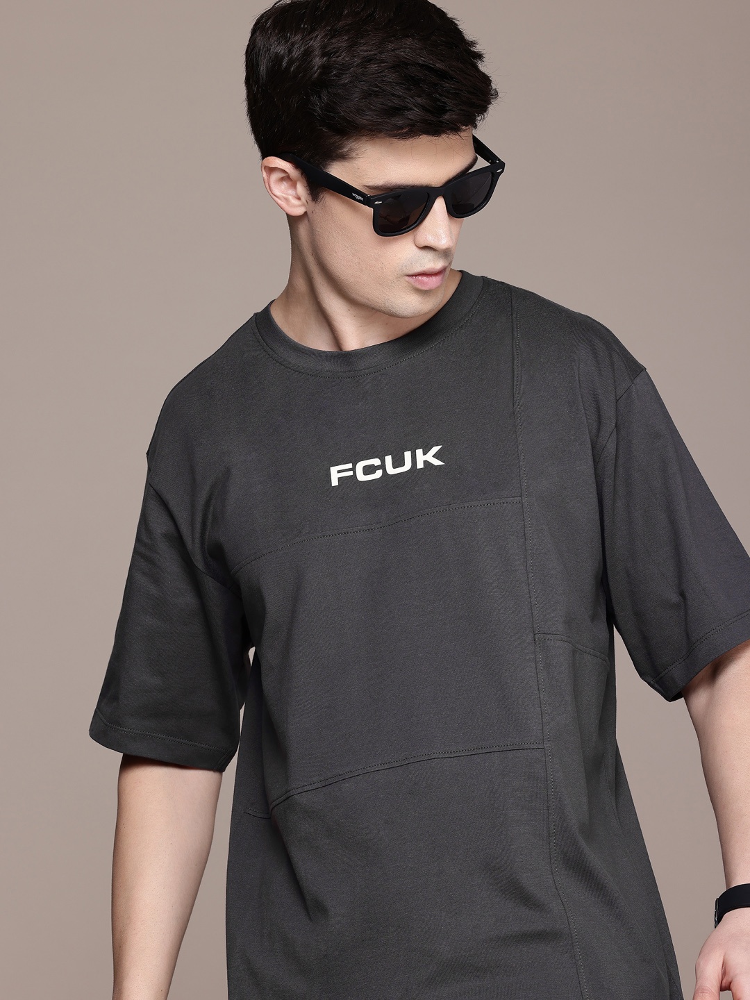 

FCUK Drop-Shoulder Sleeves Pure Cotton T-shirt, Grey