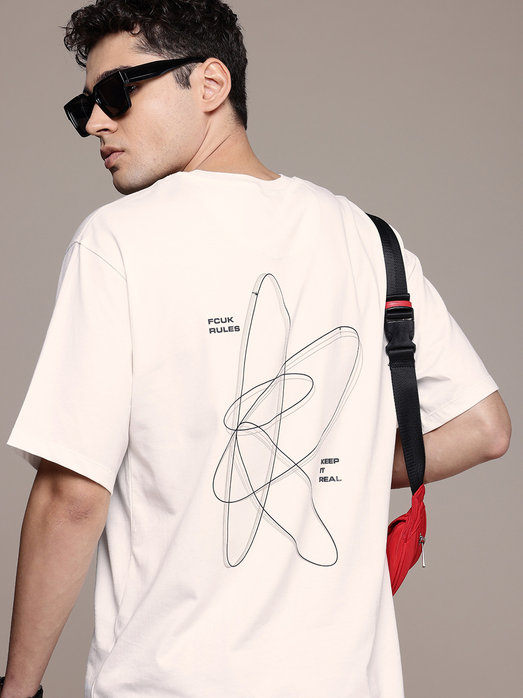 

FCUK Men Printed Drop-Shoulder Sleeves Pure Cotton Oversized T-shirt, Off white