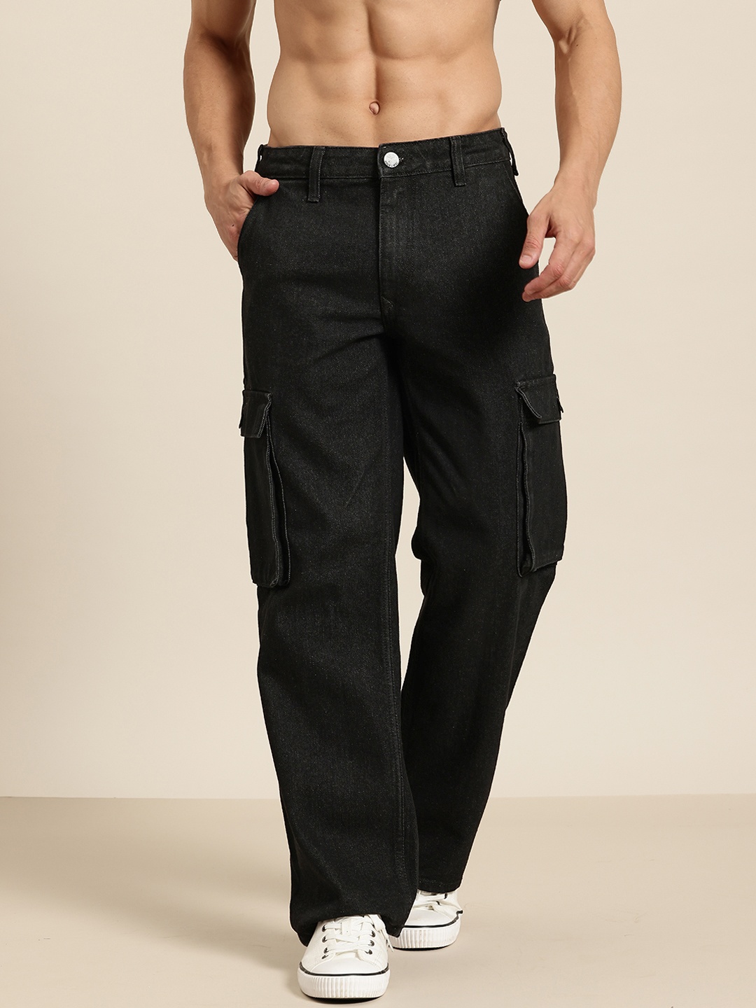 

HERE&NOW Men Pure Cotton Relaxed Fit Cargo Style Jeans, Black