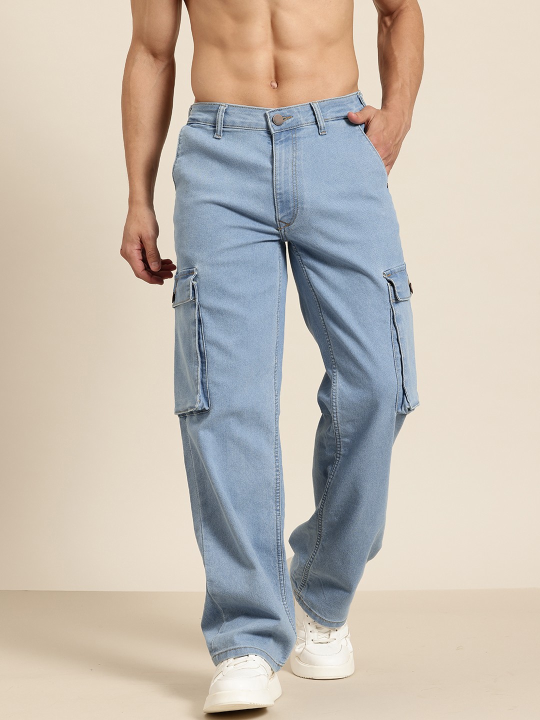 

HERE&NOW Men Relaxed Fit Stretchable Cargo Style Jeans, Blue