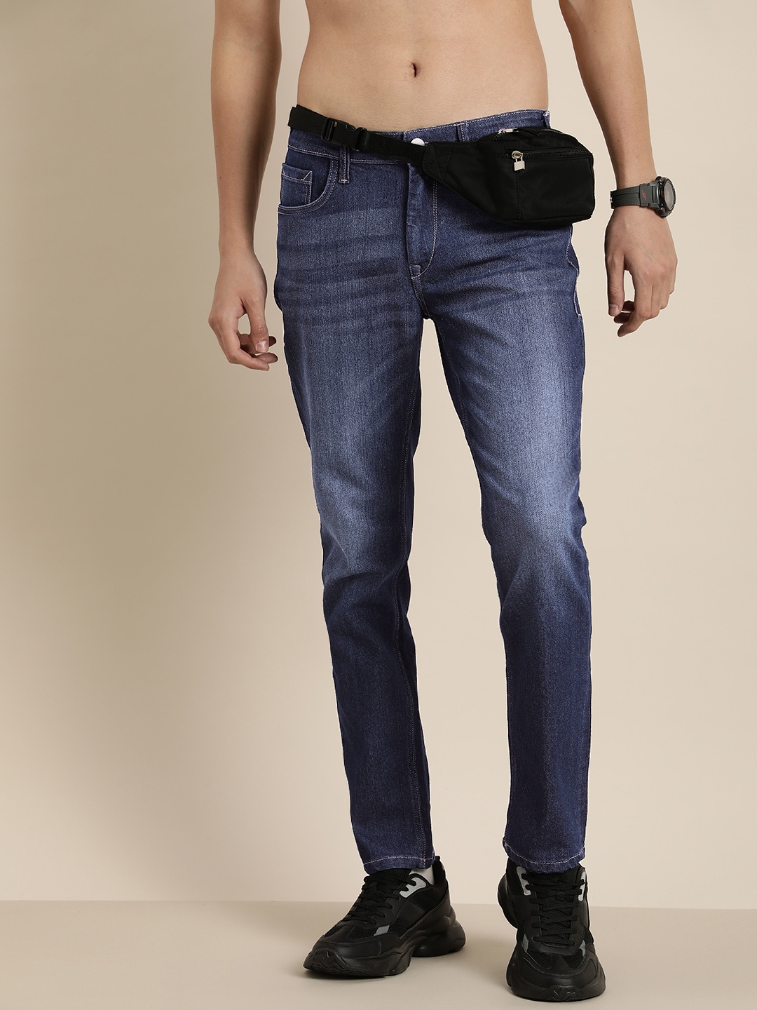 

HERE&NOW Men Slim Fit Heavy Fade Stretchable Jeans, Blue