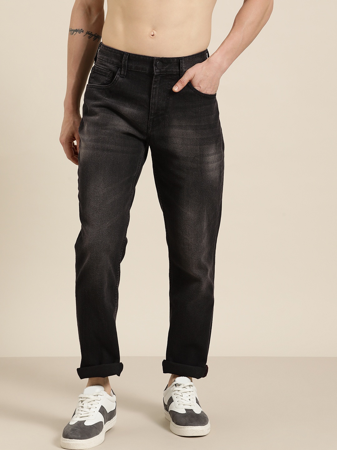 

HERE&NOW Men Slim Fit Light Fade Stretchable Jeans, Black