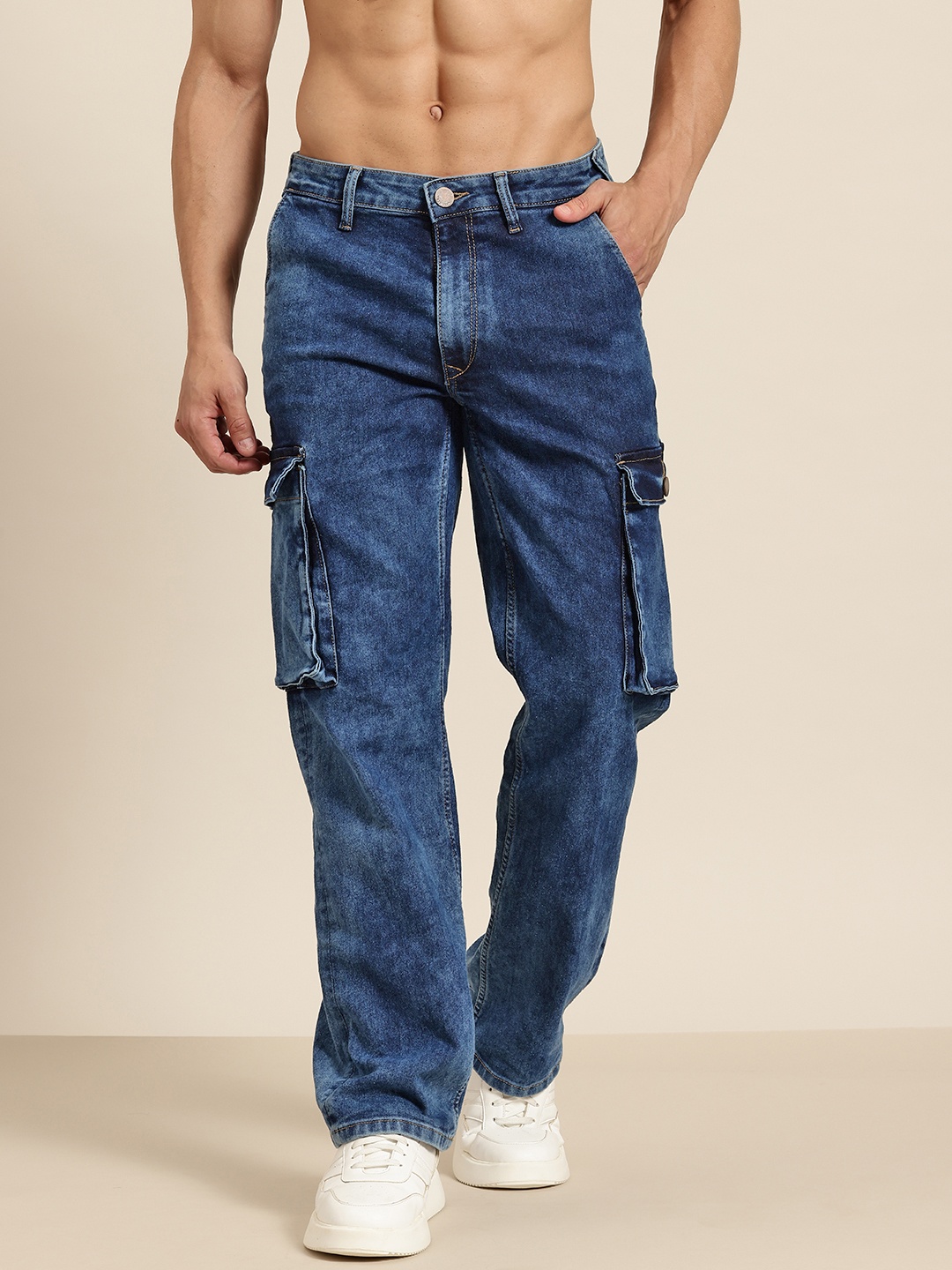 

HERE&NOW Men Relaxed Fit Light Fade Stretchable Cargo Style Jeans, Blue