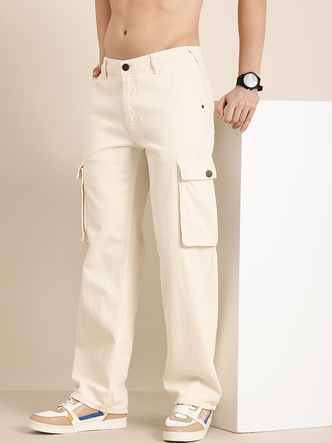 

HERE&NOW Men Pure Cotton Relaxed Fit Cargo Jeans, Cream