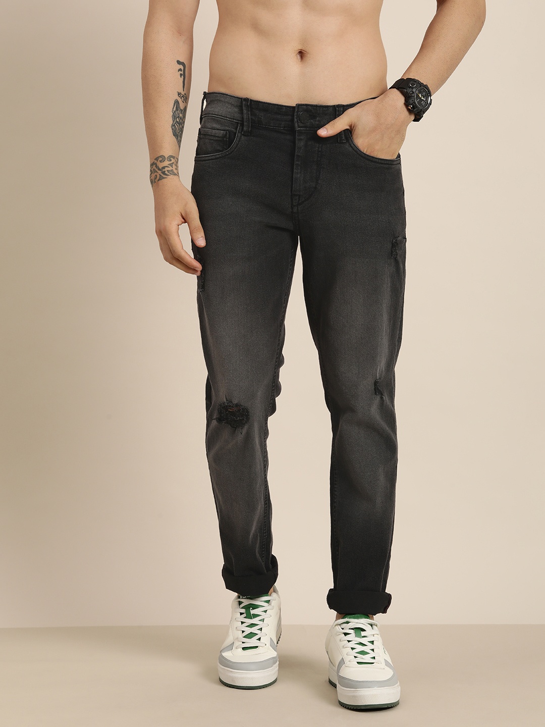 

HERE&NOW Men Slim Fit Light Fade Stretchable Jeans, Black