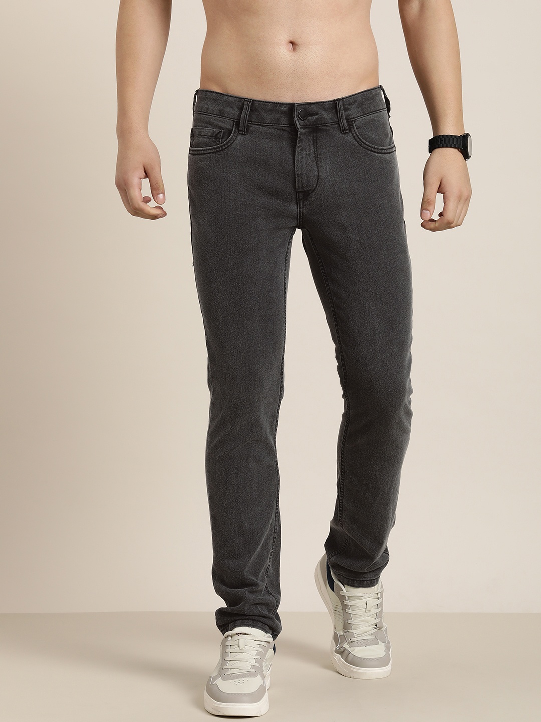 

HERE&NOW Men Slim Fit Light Fade Stretchable Mid-Rise Jeans, Charcoal