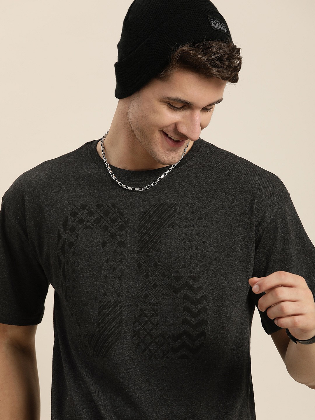 

HERE&NOW Geometric Printed Drop-Shoulder Sleeves T-shirt, Charcoal