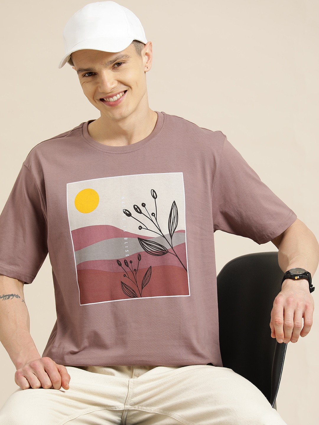

HERE&NOW Graphic Print Pure Cotton T-shirt, Mauve