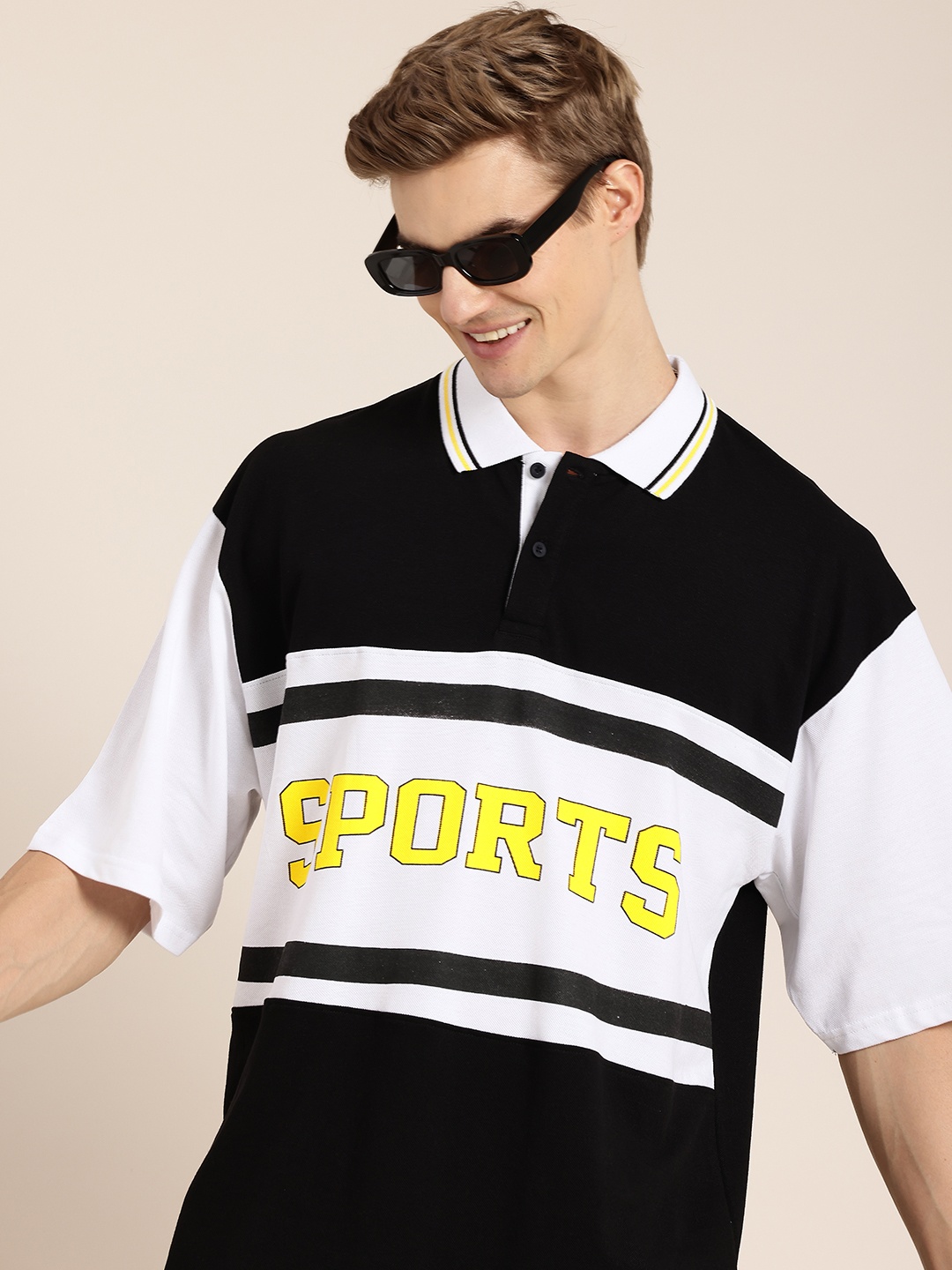 

HERE&NOW Pure Cotton Colourblocked Polo Collar Drop-Shoulder Sleeves T-shirt, Black