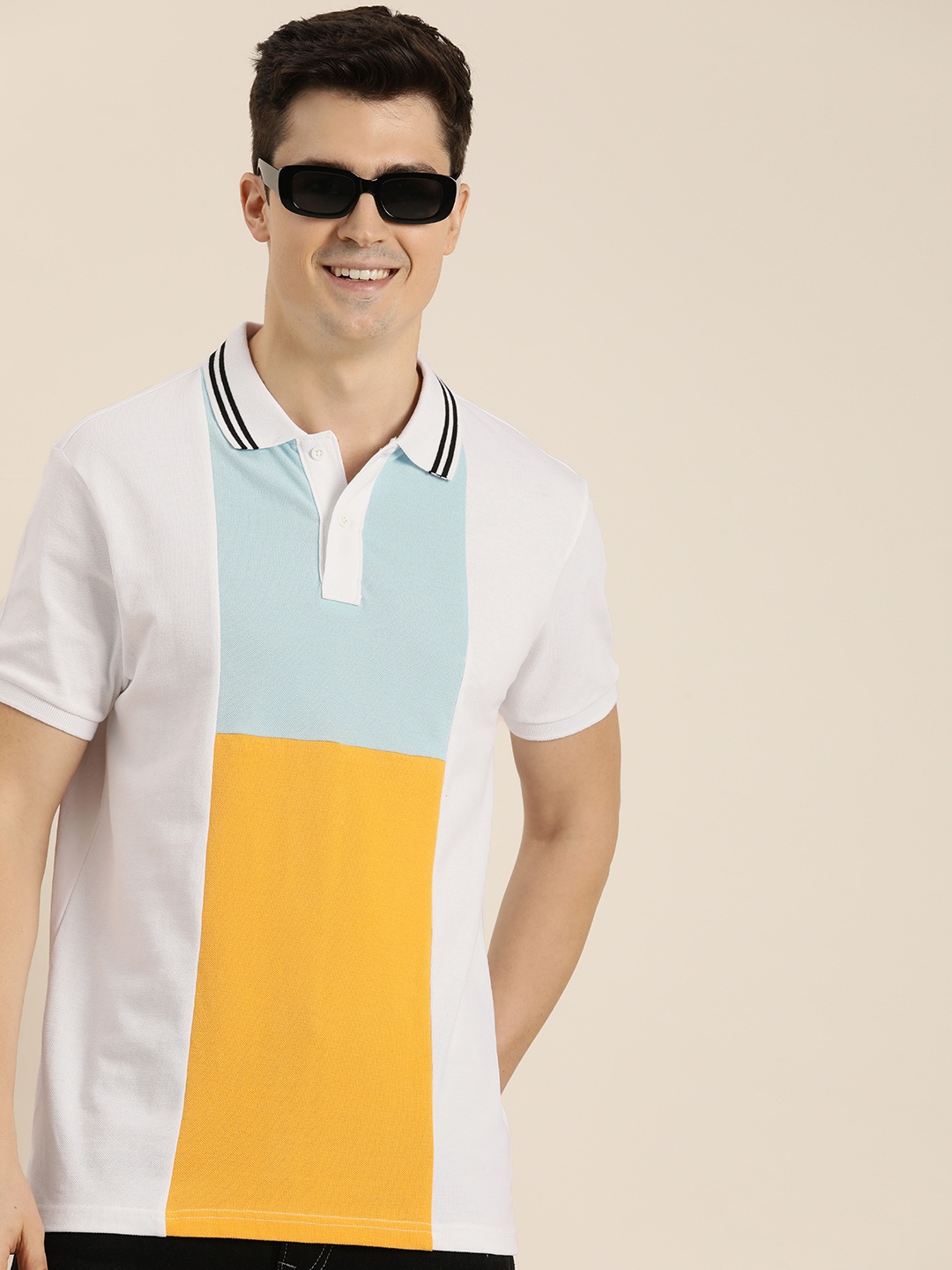 

HERE&NOW Colourblocked Polo Collar Pure Cotton T-shirt, White