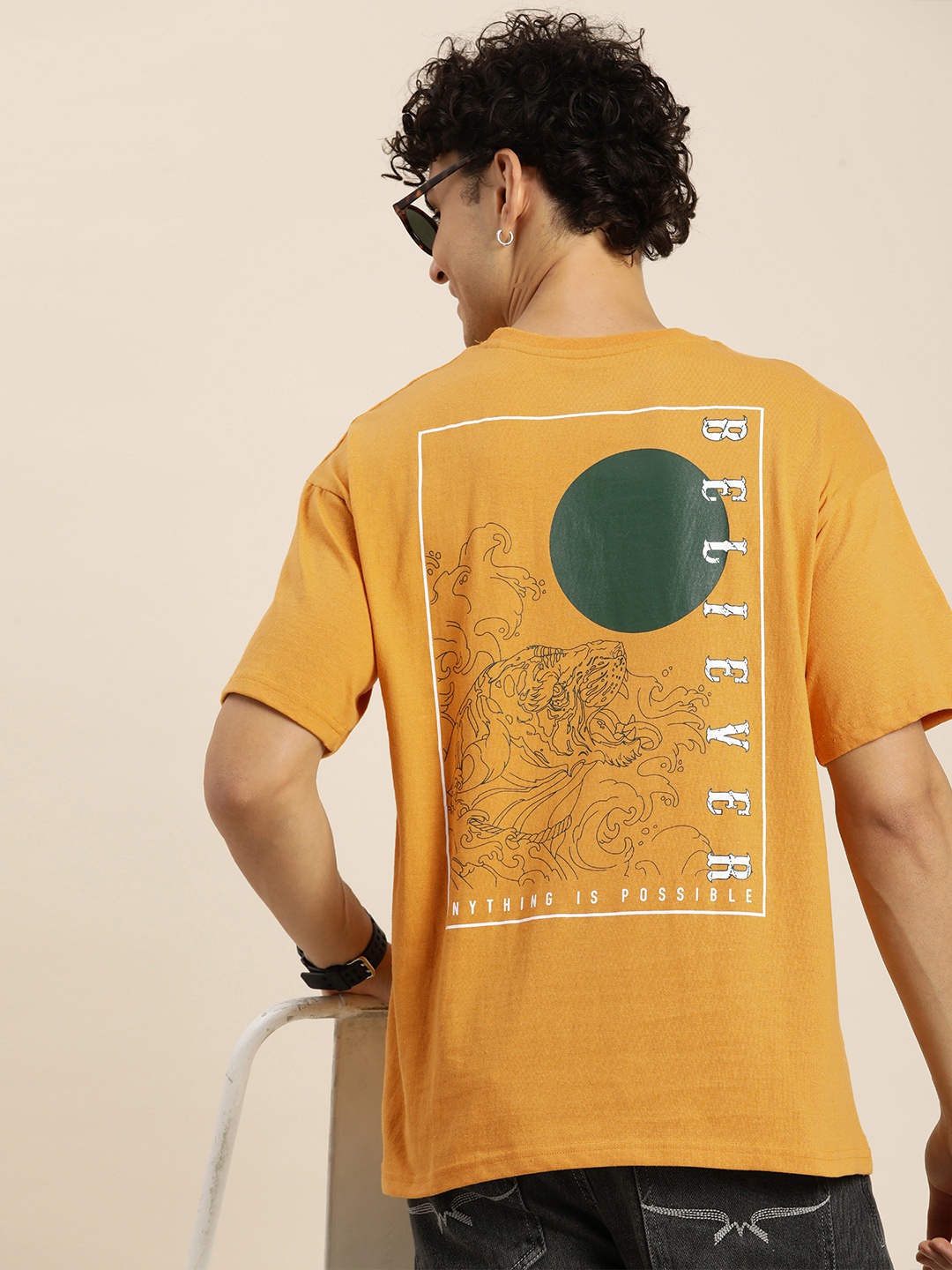 

HERE&NOW Graphic Printed Drop-Shoulder Sleeves Casual T-shirt, Yellow