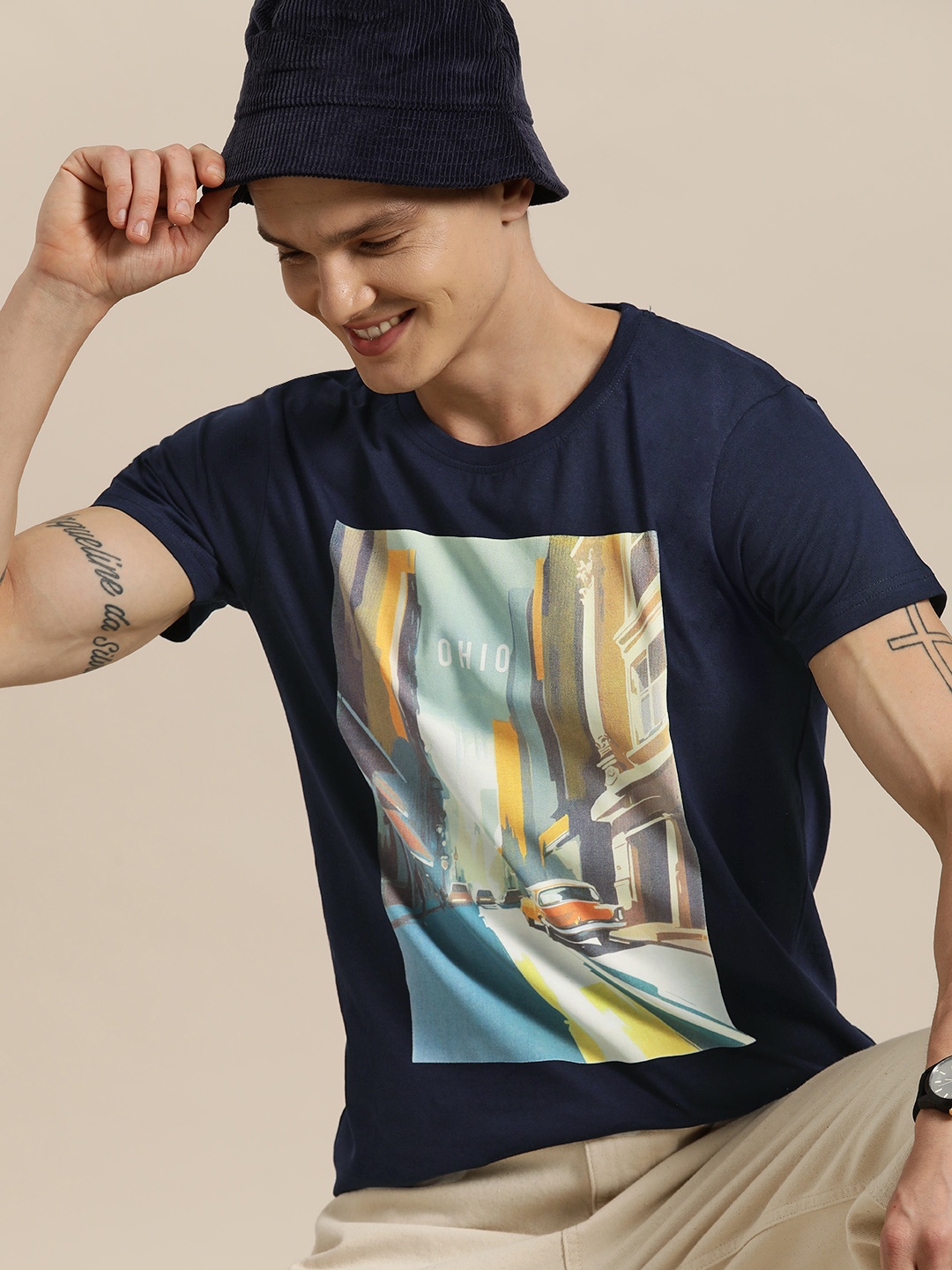 

HERE&NOW Graphic Printed Pure Cotton T-shirt, Navy blue