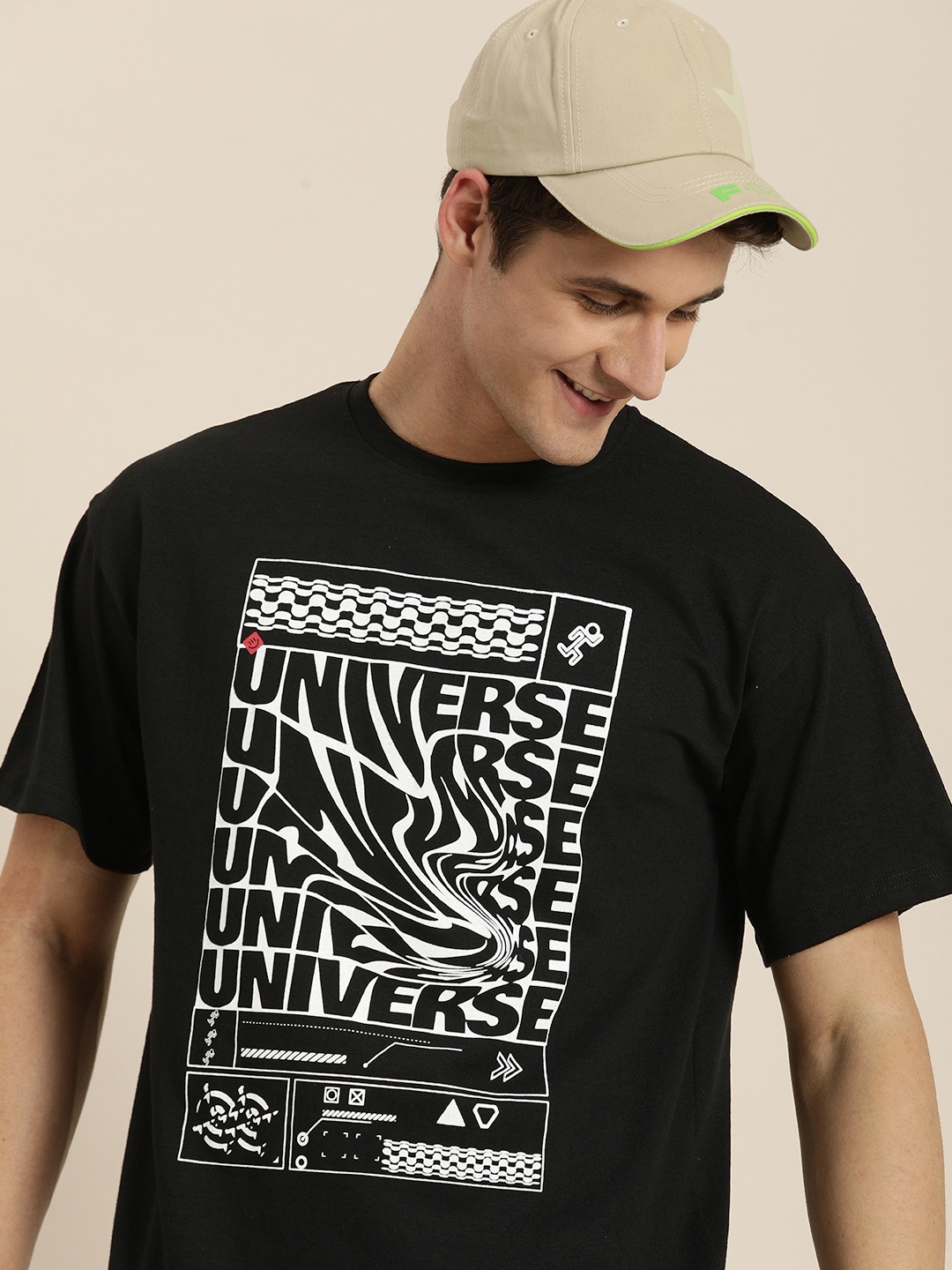 

HERE&NOW Graphic Printed Drop-Shoulder Sleeves Casual T-shirt, Black
