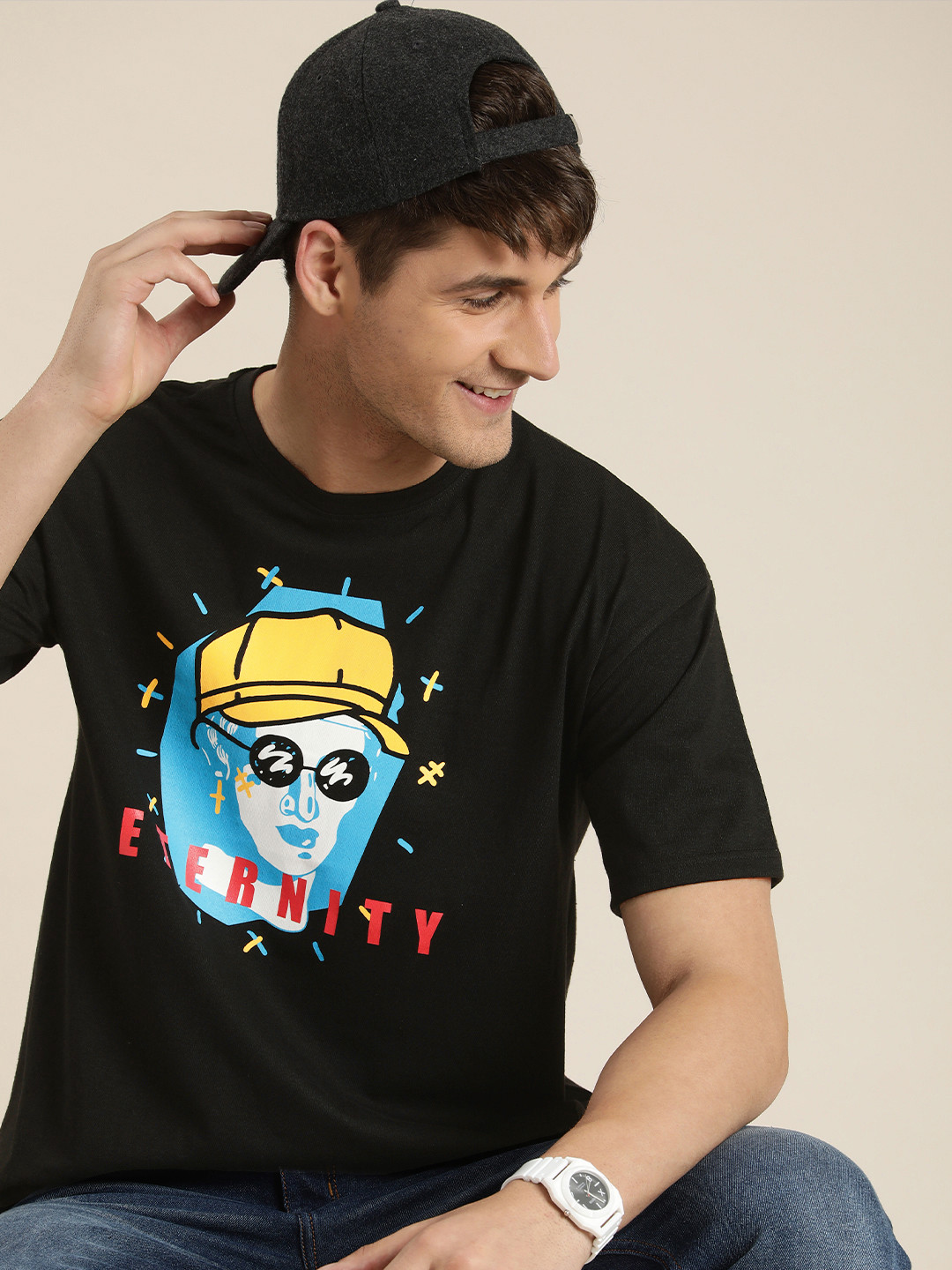

HERE&NOW Graphic Printed Drop-Shoulder Sleeves T-shirt, Black