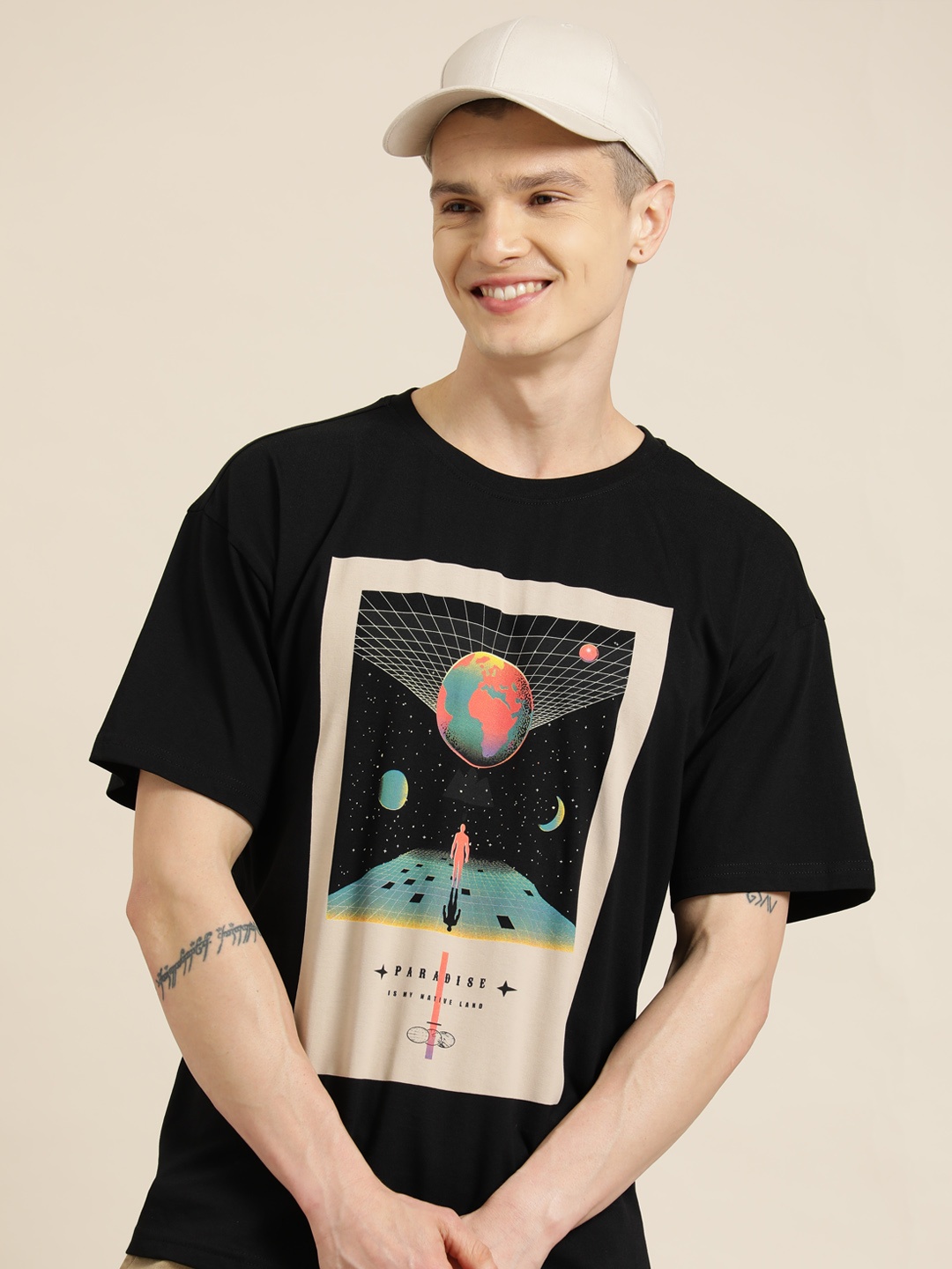 

HERE&NOW Printed Pure Cotton T-shirt, Black