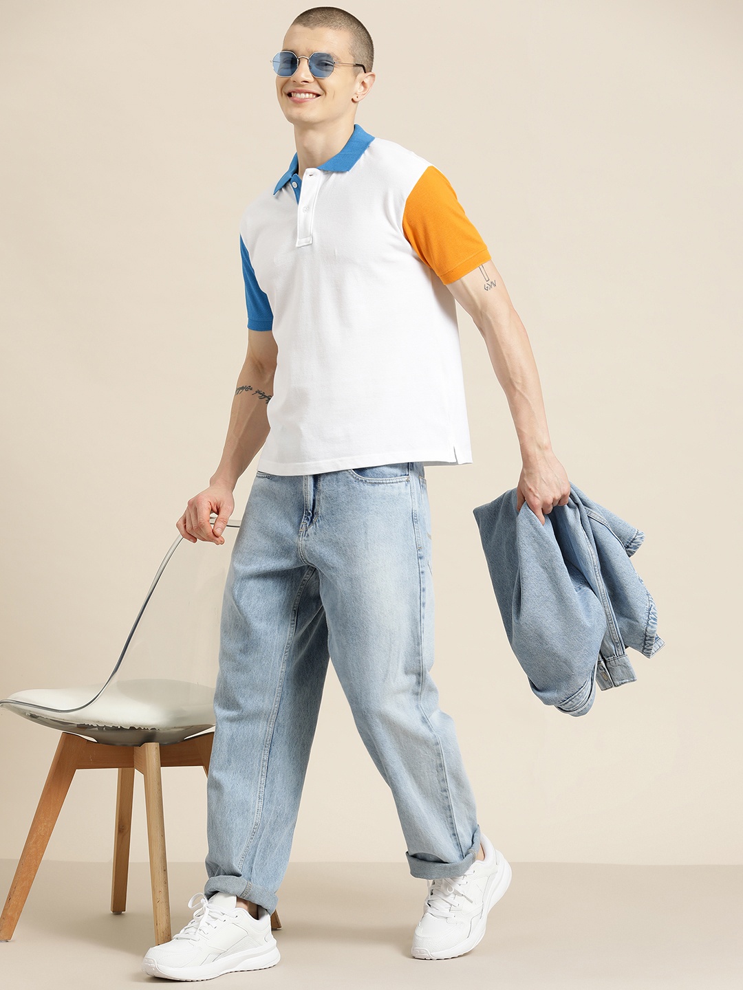 

HERE&NOW Contrast Sleeves Pure Cotton Polo Collar T-shirt, White