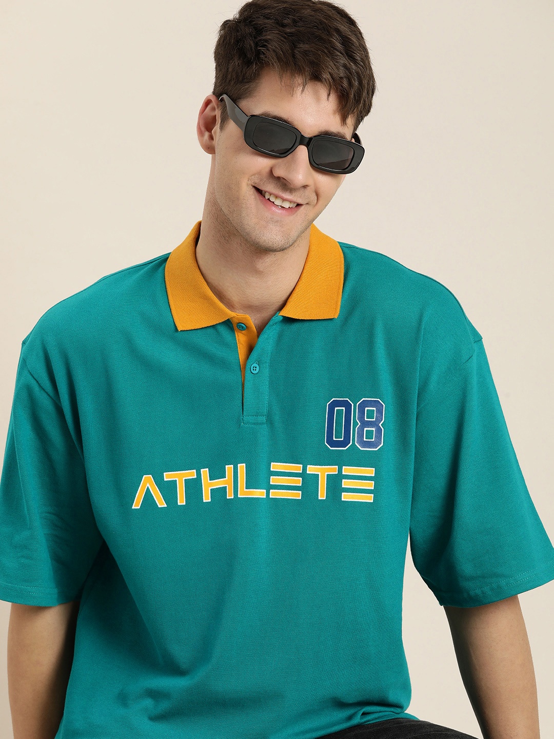

HERE&NOW Typography Printed Polo Collar Drop-Shoulder Sleeves Pure Cotton T-shirt, Green