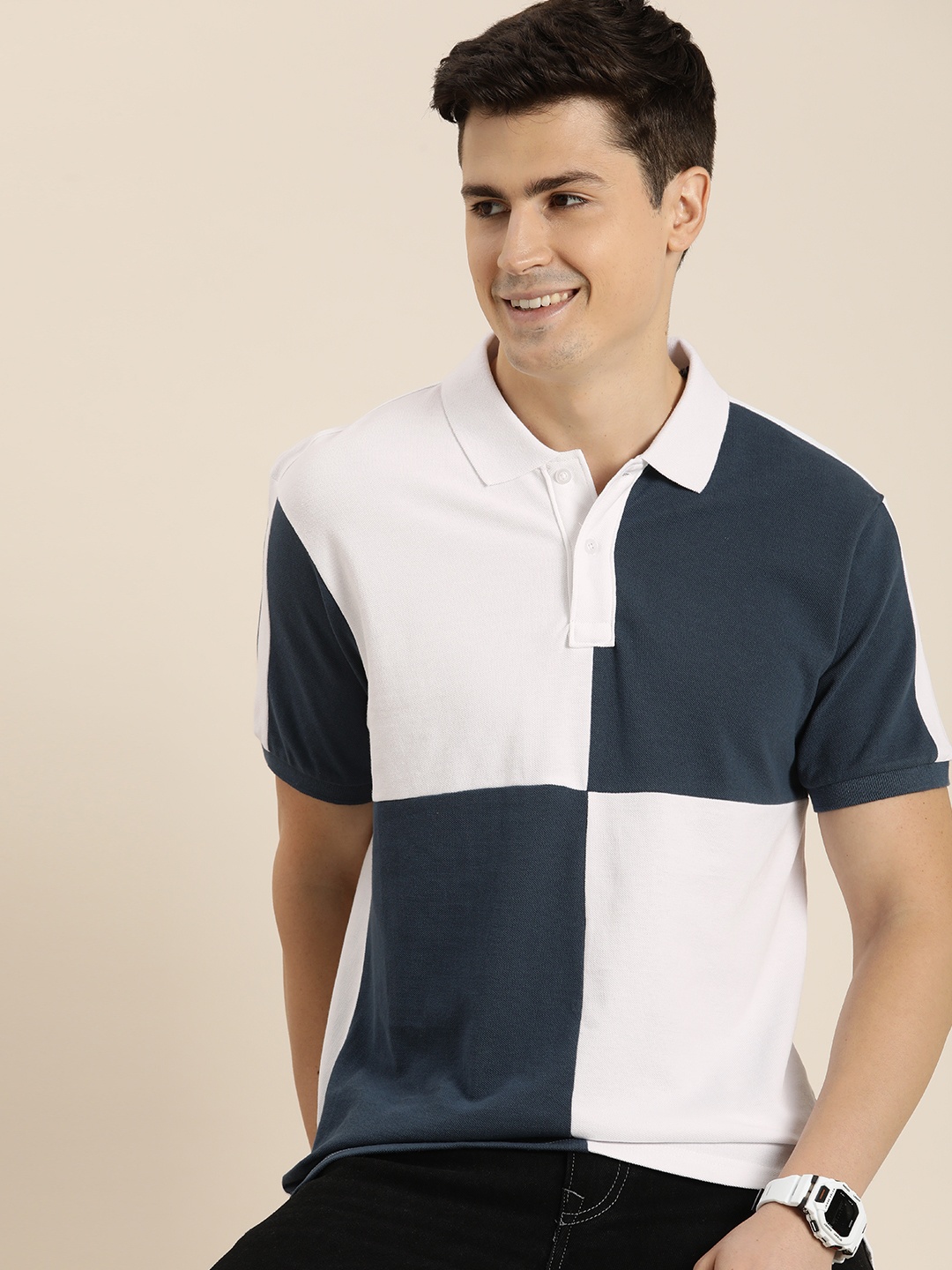 

HERE&NOW Colourblocked Polo Collar Pure Cotton T-shirt, White