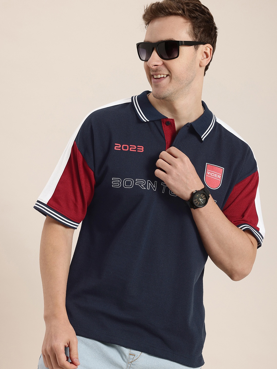 

HERE&NOW Typography Printed Polo Collar T-shirt, Navy blue