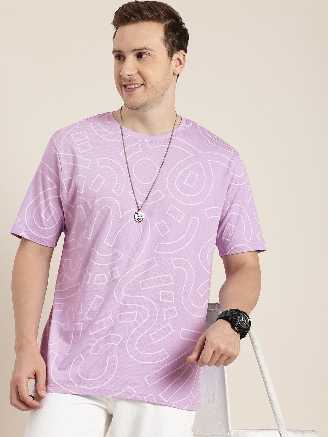 

HERE&NOW Pure Cotton Graphic Printed Drop-Shoulder Sleeves T-shirt, Lavender