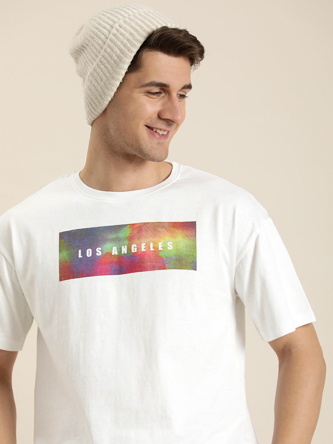 

HERE&NOW Graphic Printed Drop-Shoulder Sleeves Pure Cotton Oversized T-shirt, White