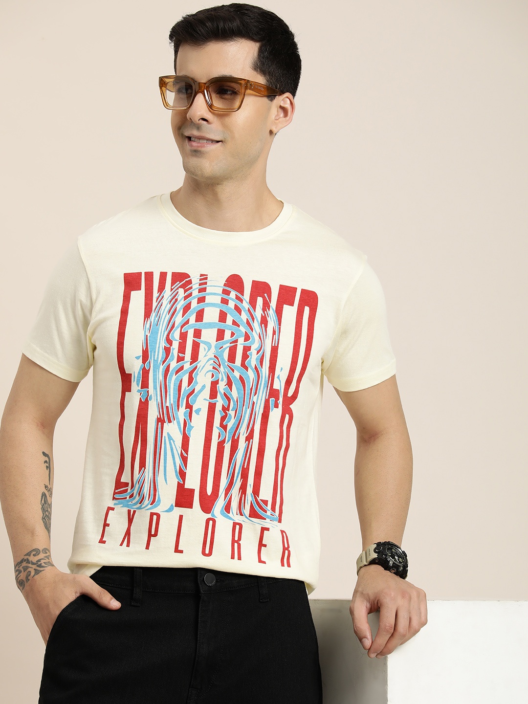 

HERE&NOW Men Typography Printed Pure Cotton T-shirt, Cream